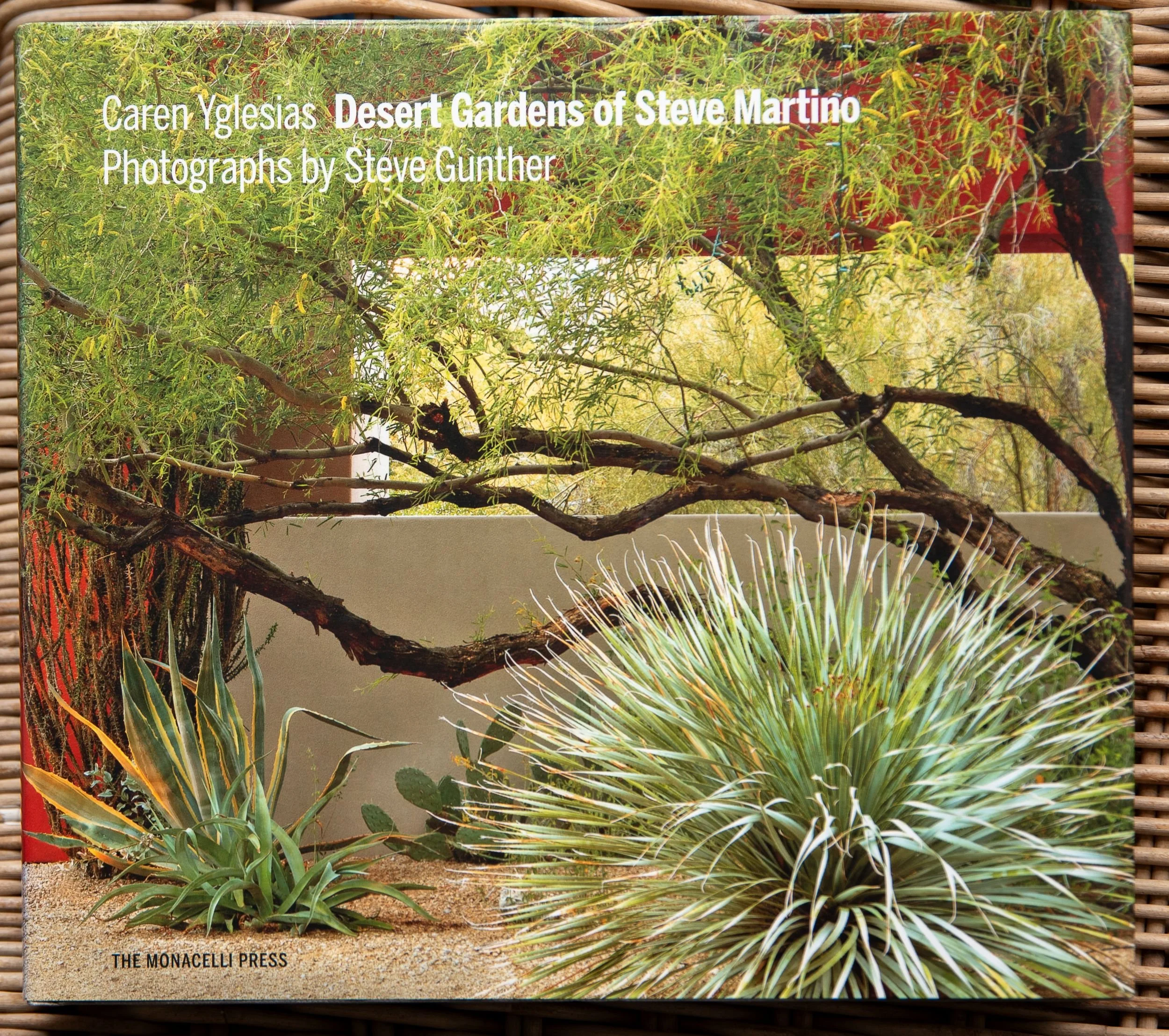 Book cover of Desert Gardens of Steve Martino, showing agave and yucca planting beneath a mesquite tree against a red rendered wall.
