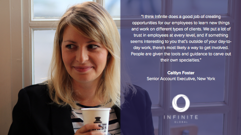 Staff testimonial posts – half page text above purple overlay.