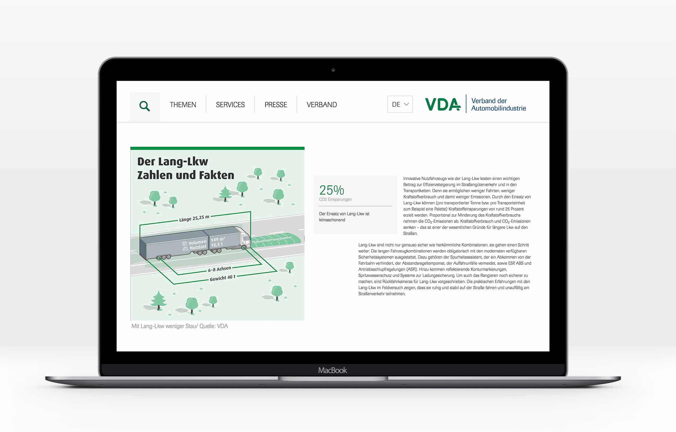 Infographics on the website explaining the advantages of long trucks of the VDA (Verband der Automobilindustrie)