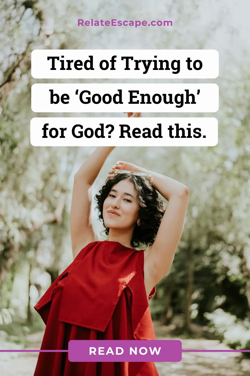 Pinterest pin with variation of the blog post title and a happy young woman in nature