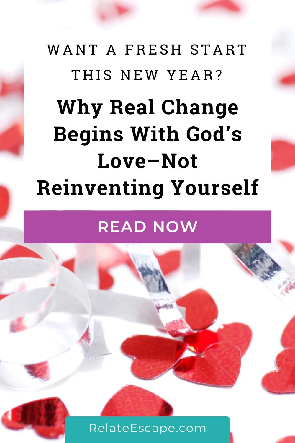 Pinterest pin with blog post title and confetti hearts with silver ribbon