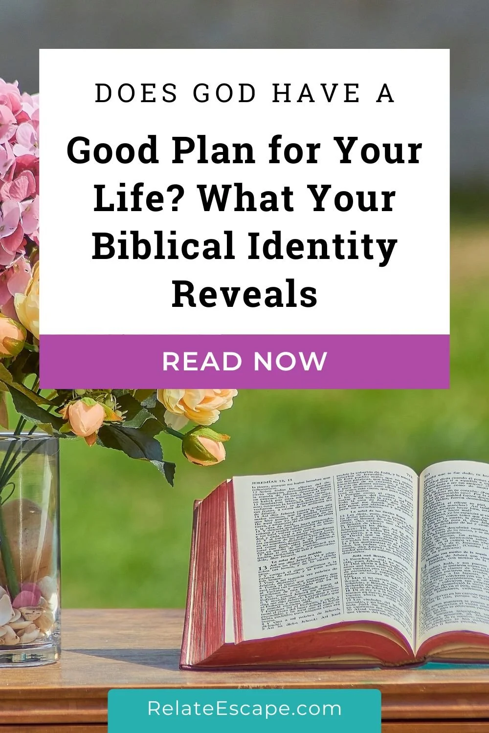 Pinterest pin with blog post title and image of an open Bible next to a vase of flowers