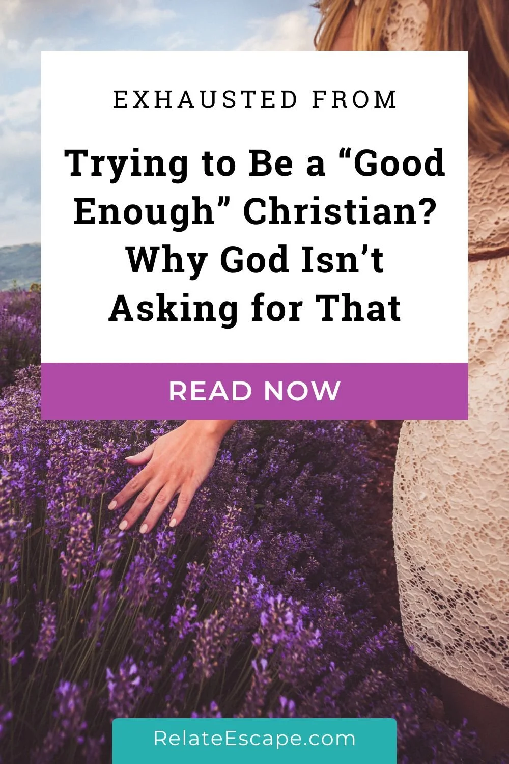 Pinterest pin with blog post title and a woman walking in a field of purple flowers