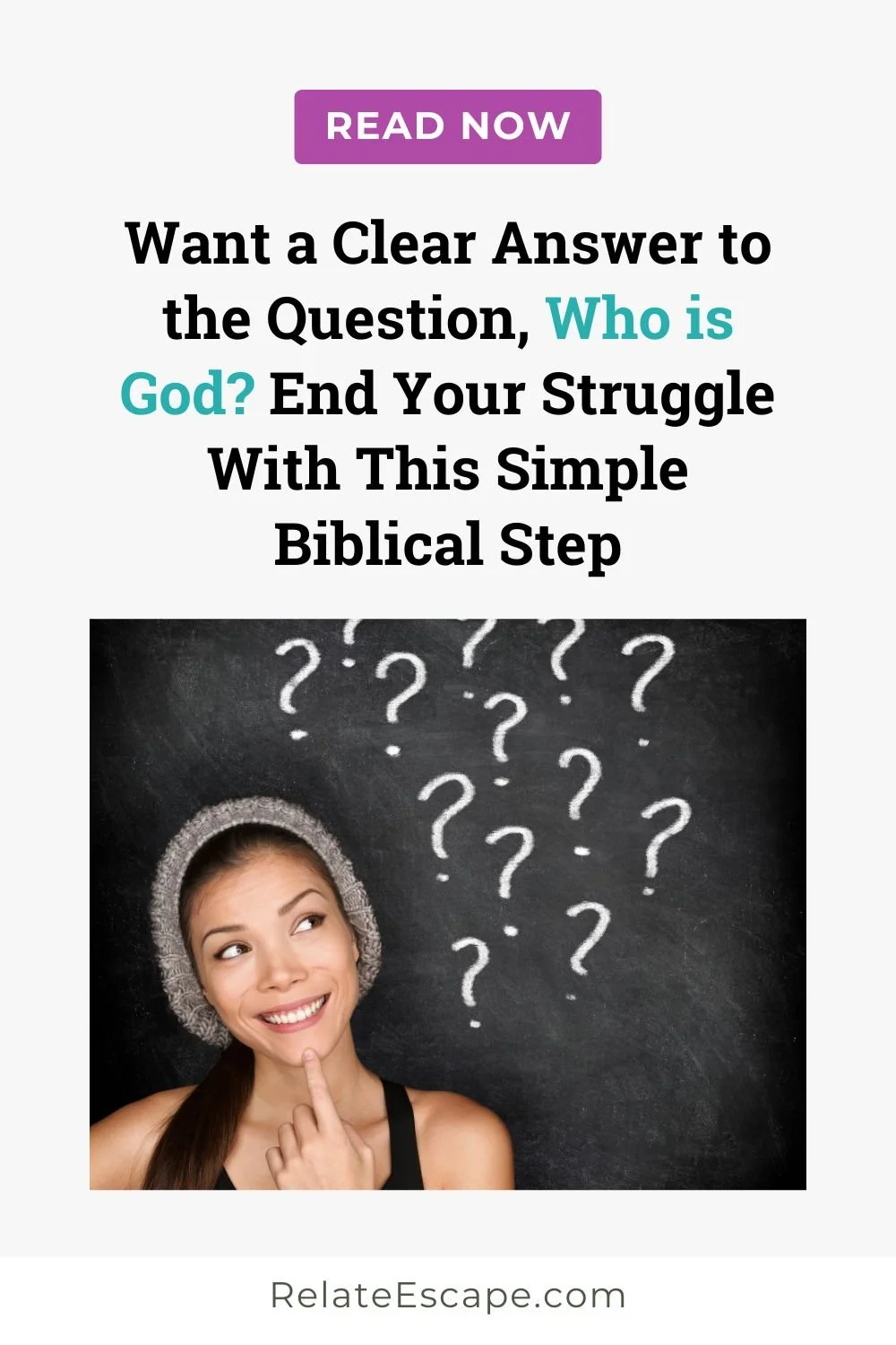 Pinterest pin with blog post title and image of a young Asian woman in front of a chalkboard full of question marks