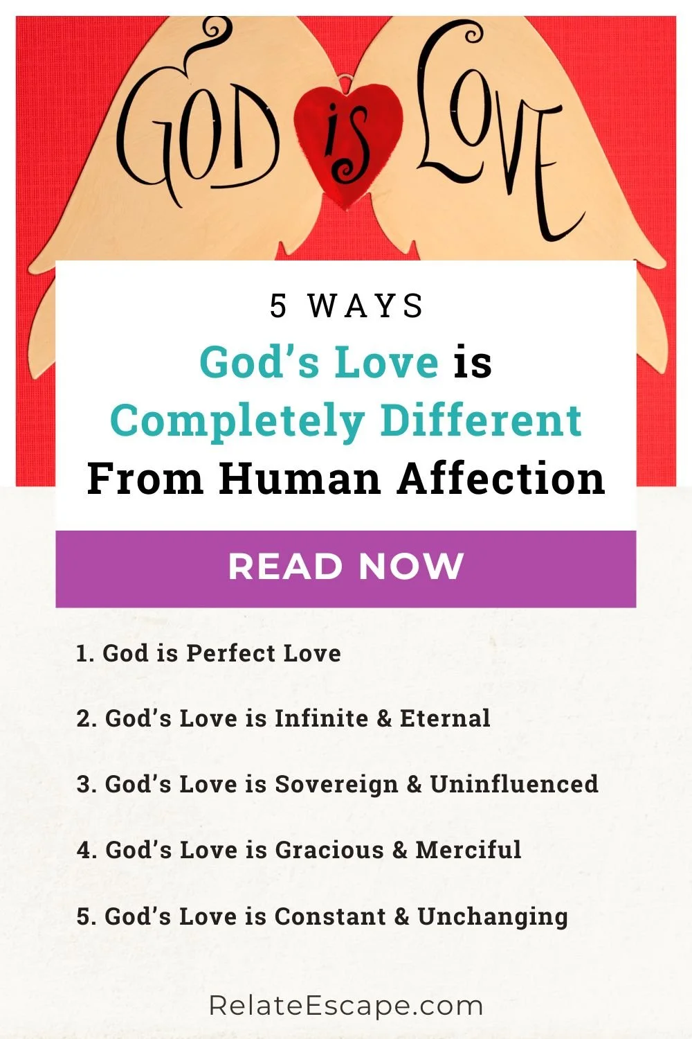 Blog post title and five main points with an image of wings that say "God is love"