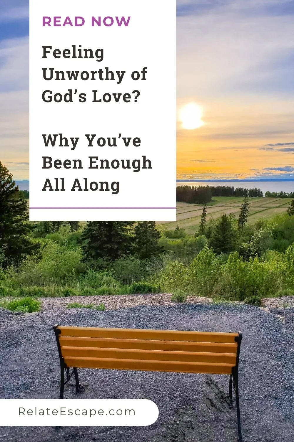 Pinterest pin with blog post title and an empty bench facing a sunset