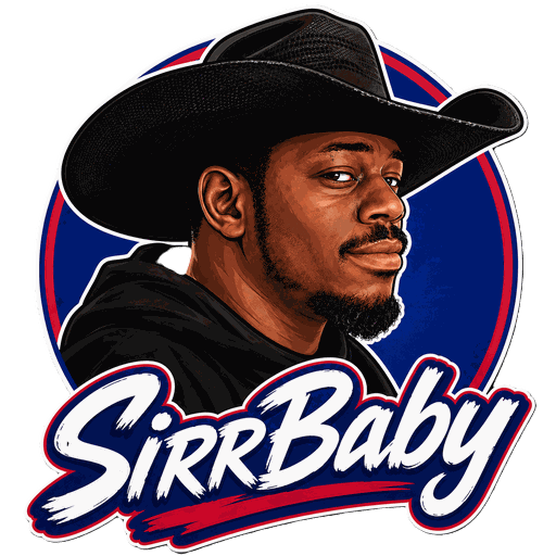 SirrBaby logo featuring his portrait in a black cowboy hat with blue, red, and white lettering