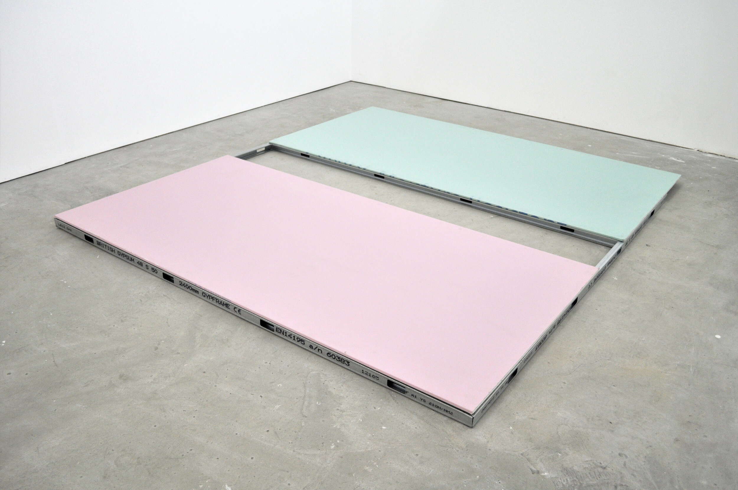   Plasterboard in Pastel , 2014, fire-retardant (pink) and mold-retardant (green) sheetrock and metal studs, 8’x8.5”.    