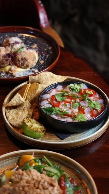 Mexican dishes including a bowl of salsa with cilantro, sliced tomatoes, and chopped green onions, tortilla chips, and grilled meats with vegetables.