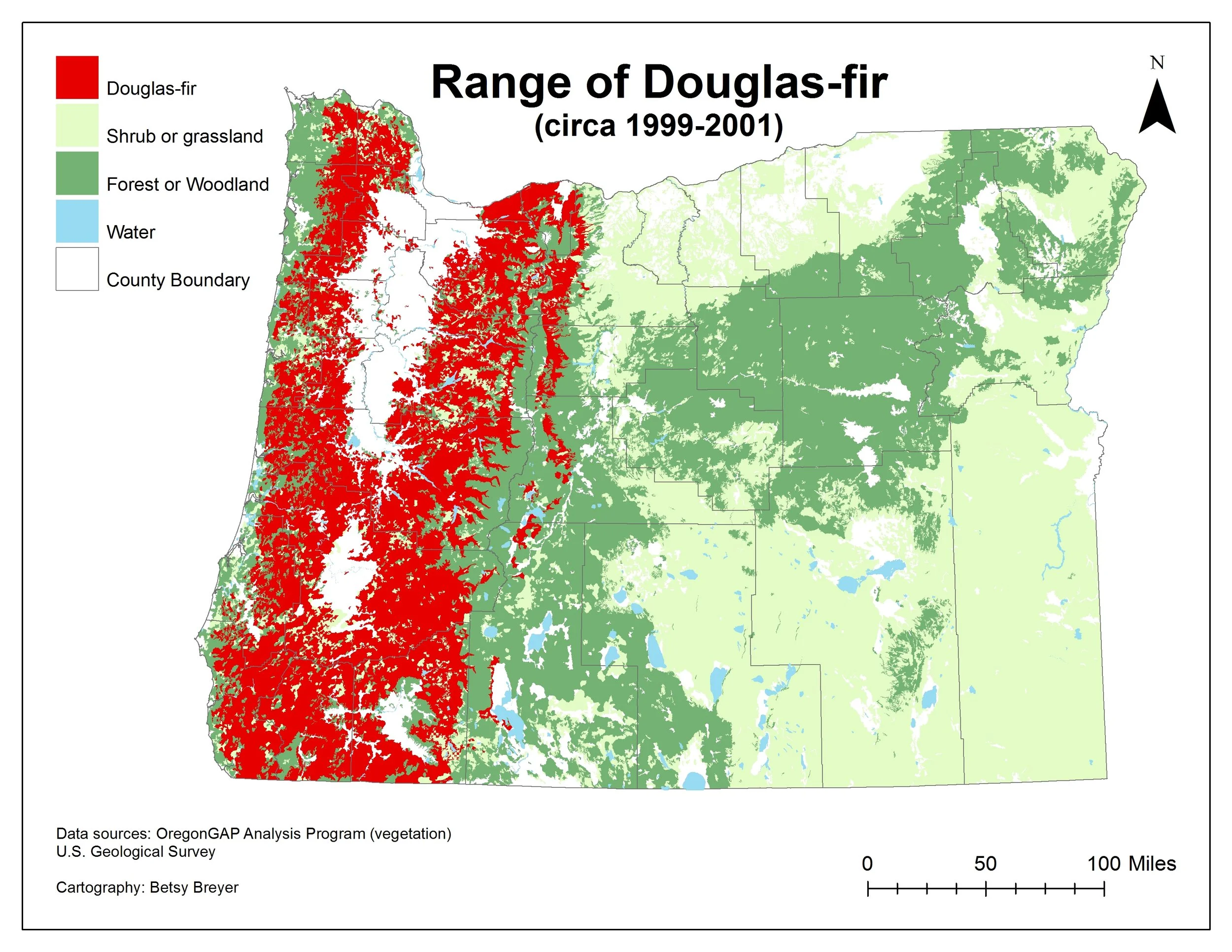 Oregon map of Pseudotsuga menziesii subsp. menziesii , Douglas-fir's native range. 