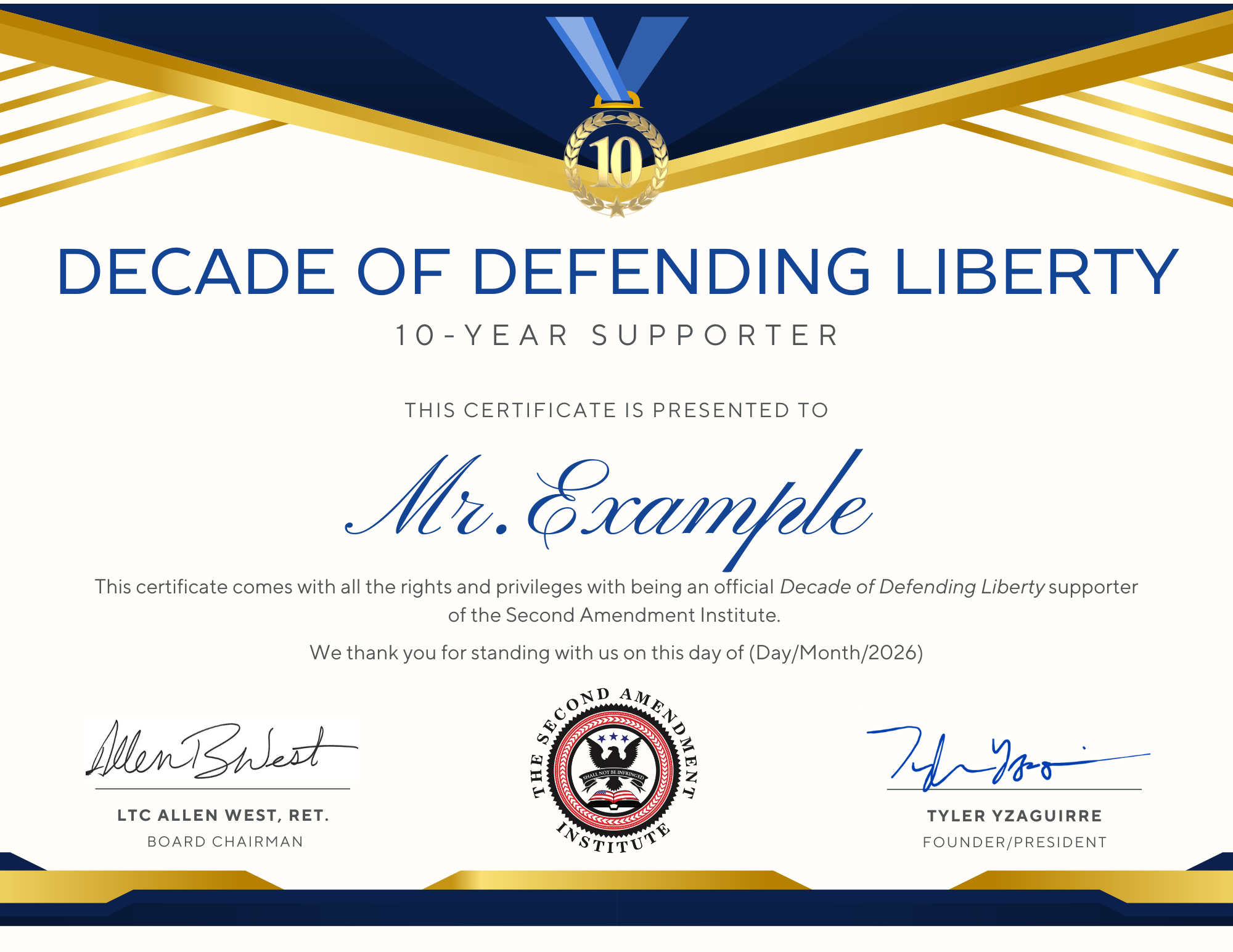 Decade of Defending Liberty Supporter certificate