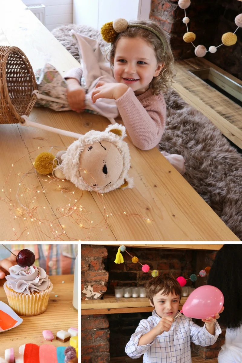 Clockwise from top: Garlands by My Mini Studio, headband by Lala and Pom, toys by Beyond the Stork, cake by Sucre a la Creme bakery 