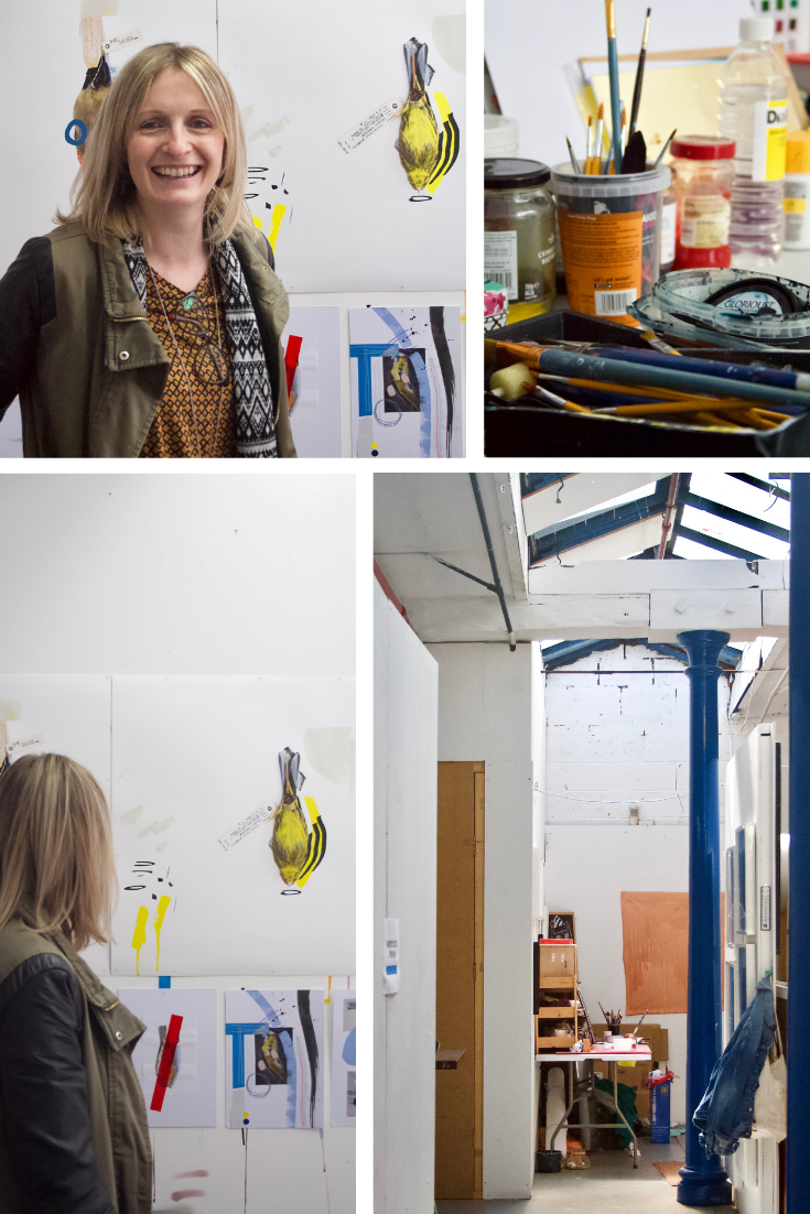 Clockwise from top left: Lucy with work from her upcoming exhibition; tools and paints; inside StudionAme; Lucy with her colour palette.