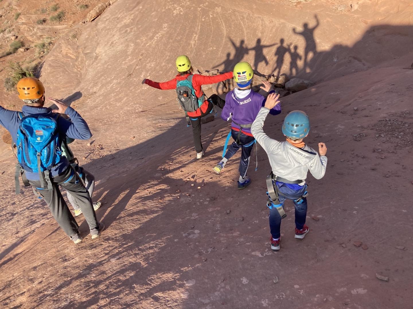 Early morning risers get to play with their shadows. #moabcanyoneering #supportlocal #funinthesun #familyvacation2024 #windgateadventures #moab
