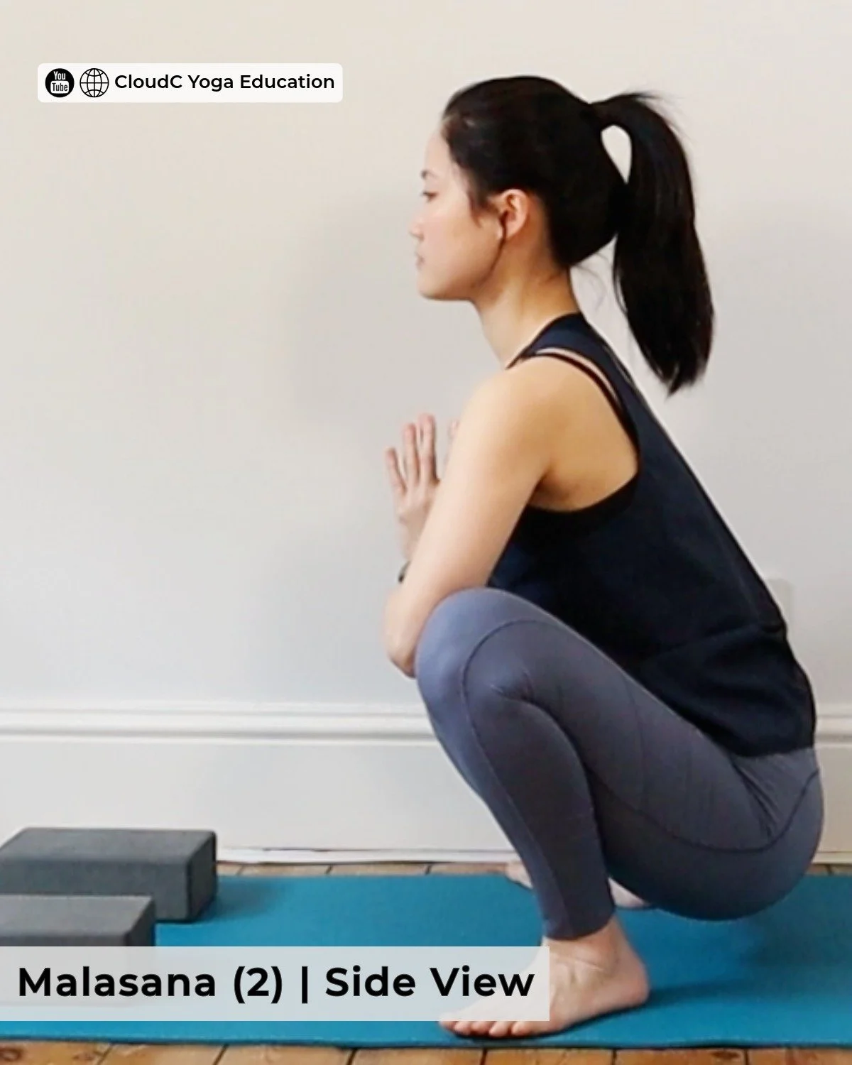 CloudC Yoga Education demonstrating Malasana side view, using yoga blocks to support the heels, online yoga class