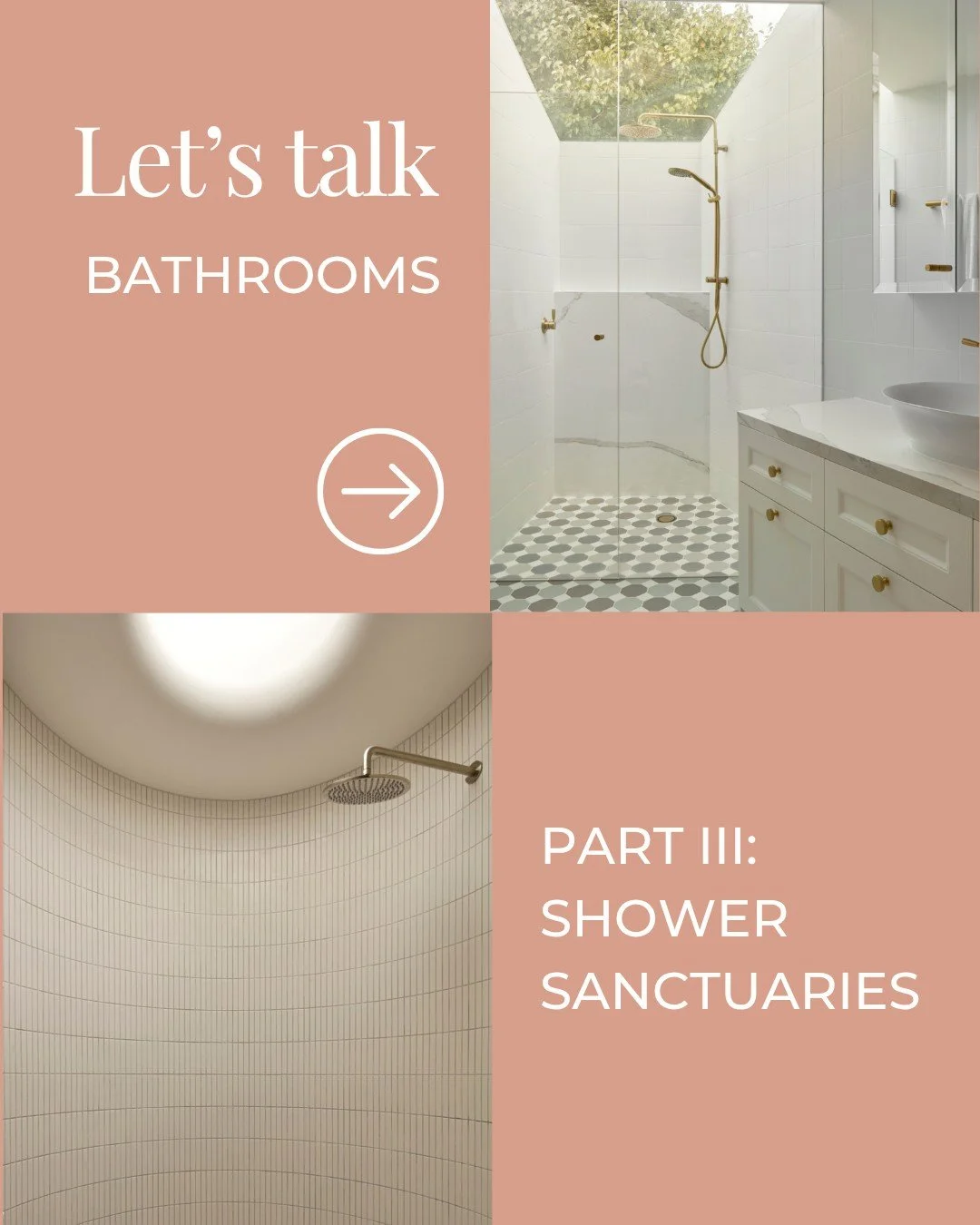 A study of showers shaped for calm.

Each space invites light and nature into the routine of the day, whether through a glazed roof, a soft wash of overhead light or the gentle curve of a sculpted wall.

Natural materials and balanced proportions cre