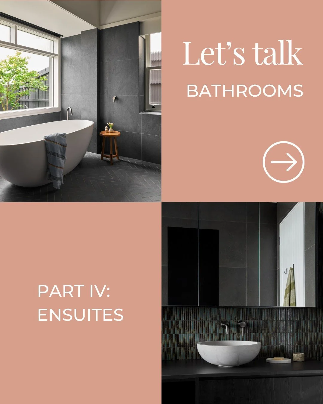 Spaces designed to offer a quiet retreat within the home.

Each ensuite balances materiality, light and thoughtful detailing, creating spaces that feel welcoming and generous, where every element contributes to the experience.

Natural materials and 