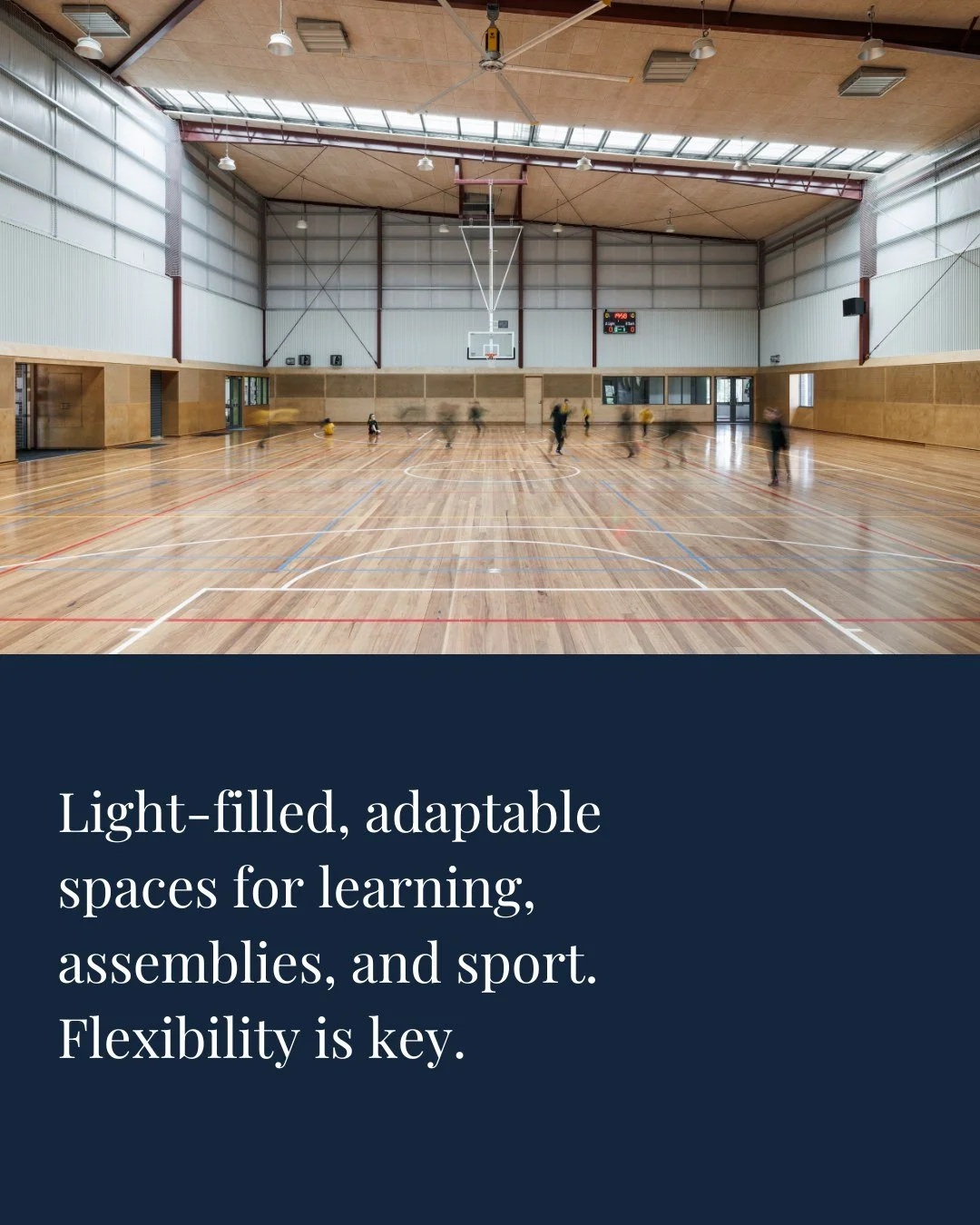 Inside the stadium, spaces are designed to be flexible and inclusive, supporting assemblies, sport, and learning. Natural light, material textures, and thoughtful detailing create an inviting environment for students while remaining functional for co