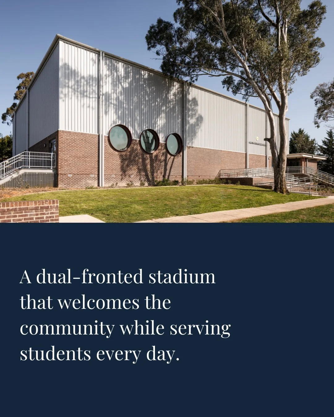The new stadium at Wallan PS celebrates its dual purpose through two distinct frontages.
_Community-facing: welcoming and accessible for sport and events.
_School-facing: large sliding doors connect indoor learning with outdoor courts.

A design that