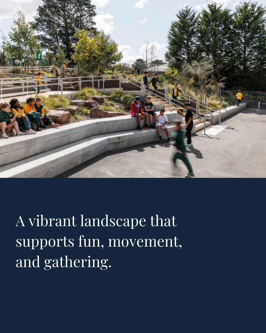 The surrounding landscape enhances connectivity across the campus with accessible ramps, stairs, and outdoor gathering zones. Play areas and sports courts complement the stadium, creating a vibrant, safe, and inclusive environment for both students a