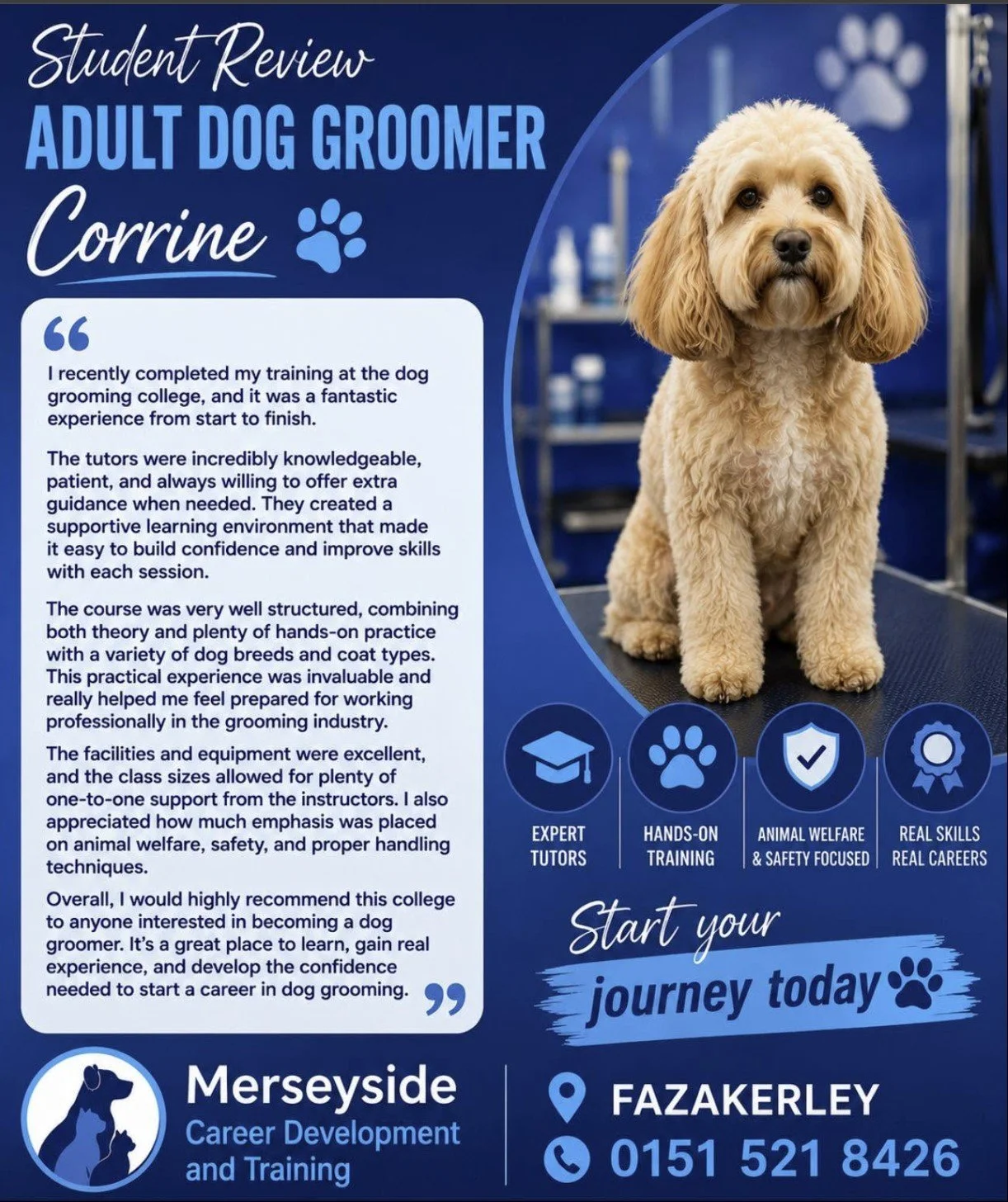 A flyer promoting dog grooming courses with a photo of a cream-colored dog sitting on grooming table in a grooming salon, with text highlighting the program's features and contact information.