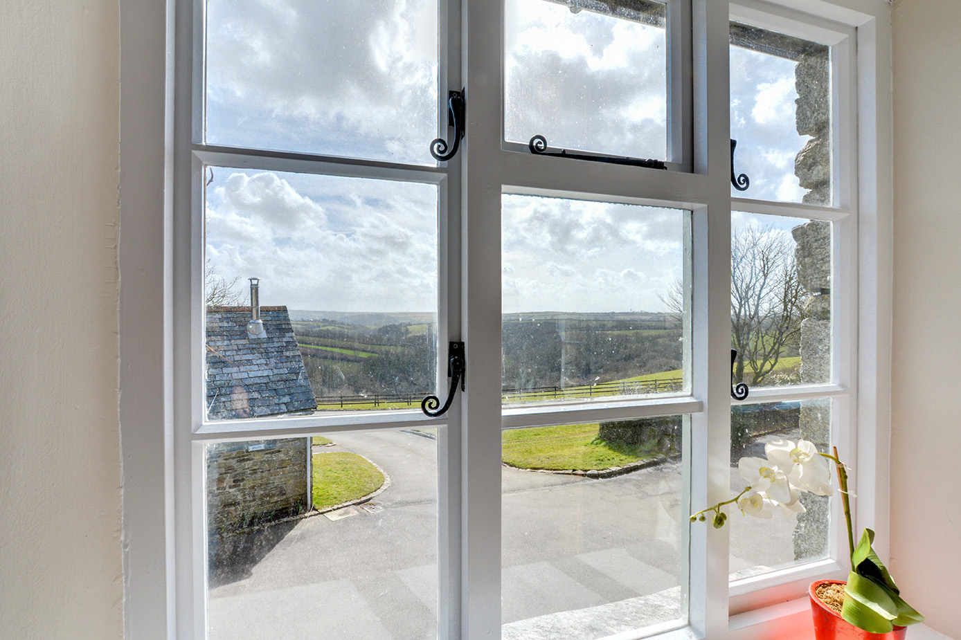 View from the lounge of Otterbridge luxury self catering converted barn holiday cottage at Penrose Burden in North Cornwall.jpg