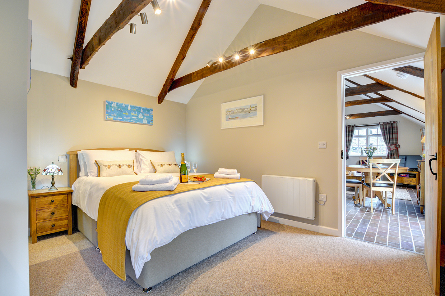 The bedroom of The Linney self catering cottage converted barn at Penrose Burden holiday cottages in Cornwall 02.jpg