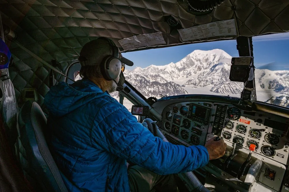 Mount Denali seen out the front window of a flight-seeing plane
