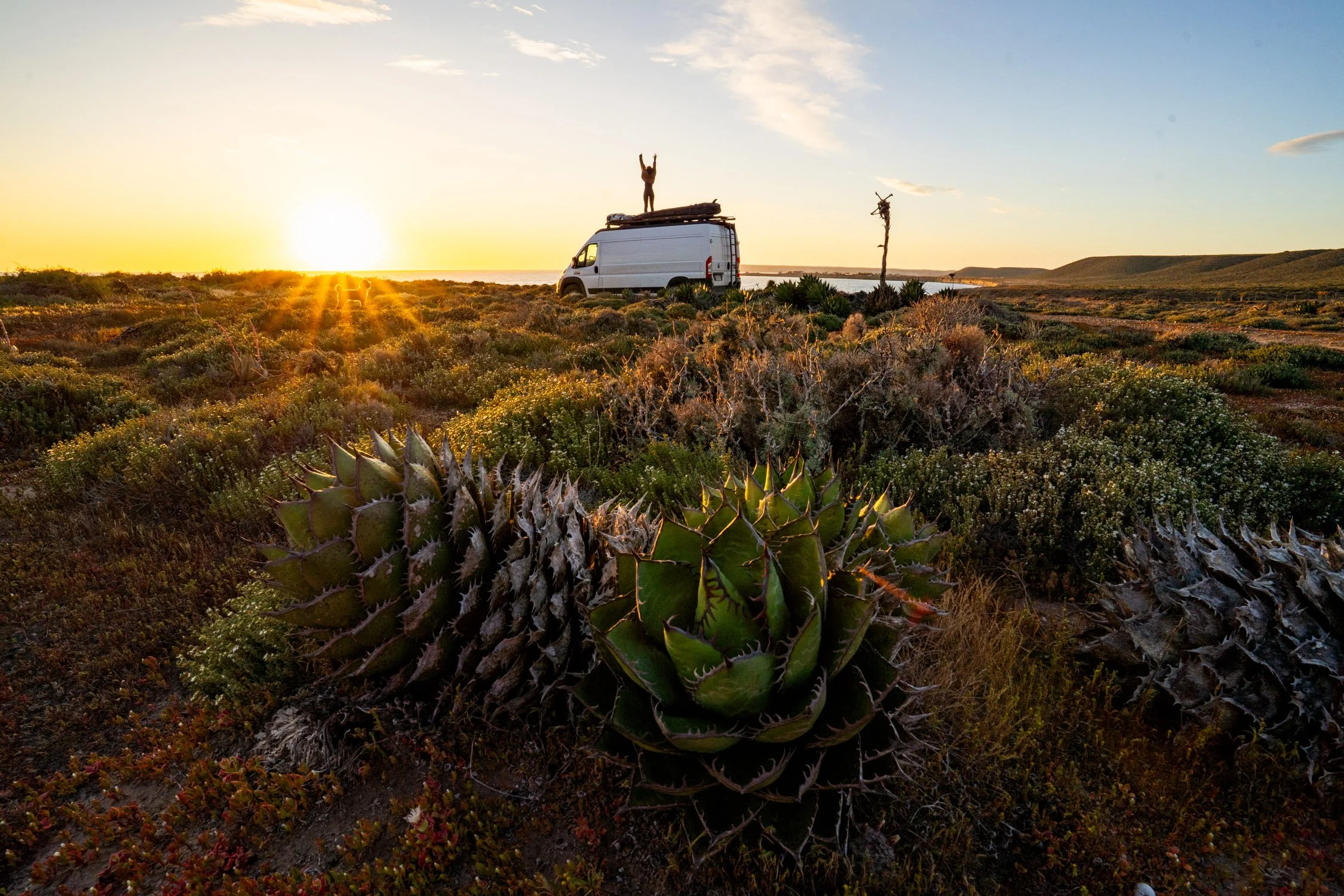 Sunset in Baja with women standing on top of van life van