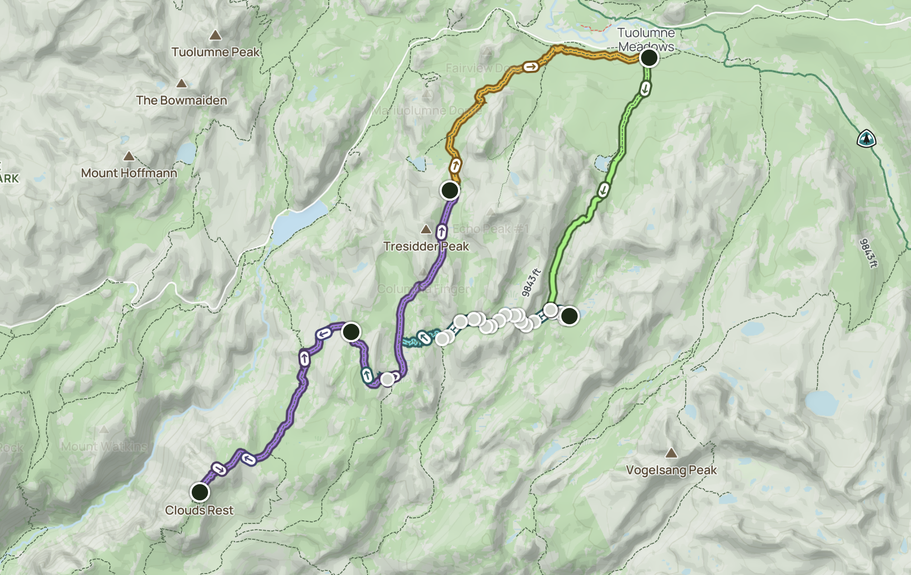 Trail map showing multiple hiking routes with different colors and markers, including peaks such as Tuolumne Peak, Tresidder Peak, and Vogelsang Peak, along with off-trail points such as Clouds Rest and Tuolumne Meadows in a mountainous area.