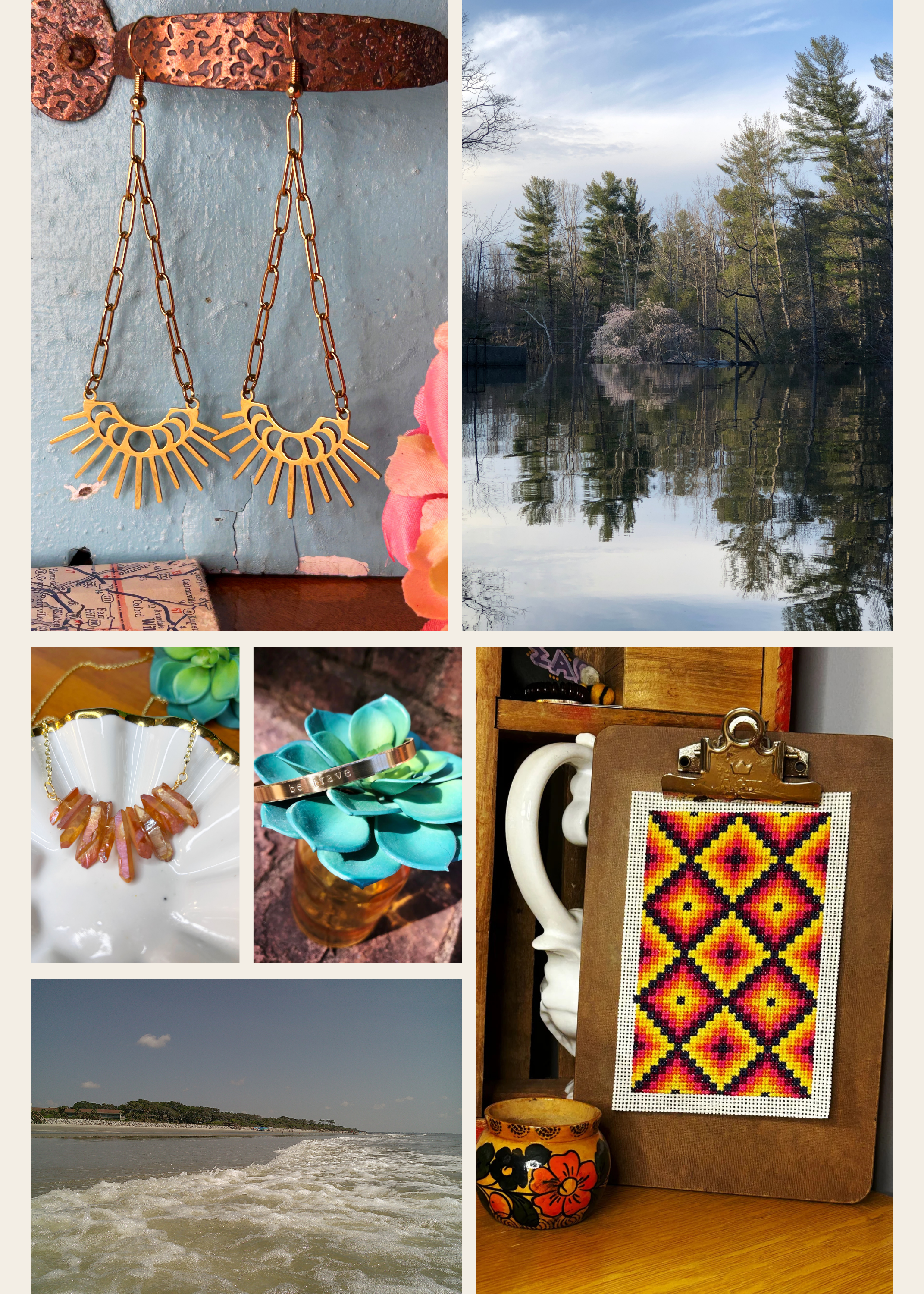 A collage of five images: Top left shows a close-up of floral earrings with a chain design hanging on a textured blue surface. Top right features a scenic view of a calm lake with trees and a partly cloudy sky reflected on the water. Bottom left captures a view of a river or ocean with rippling water, dolphins or dolphins-like animals visible in the distance. Bottom right presents a wooden table with a ceramic vase decorated with a floral motif and a beaded beaded textile art piece with geometric pattern in yellow, black, pink, and orange on a cardboard background.