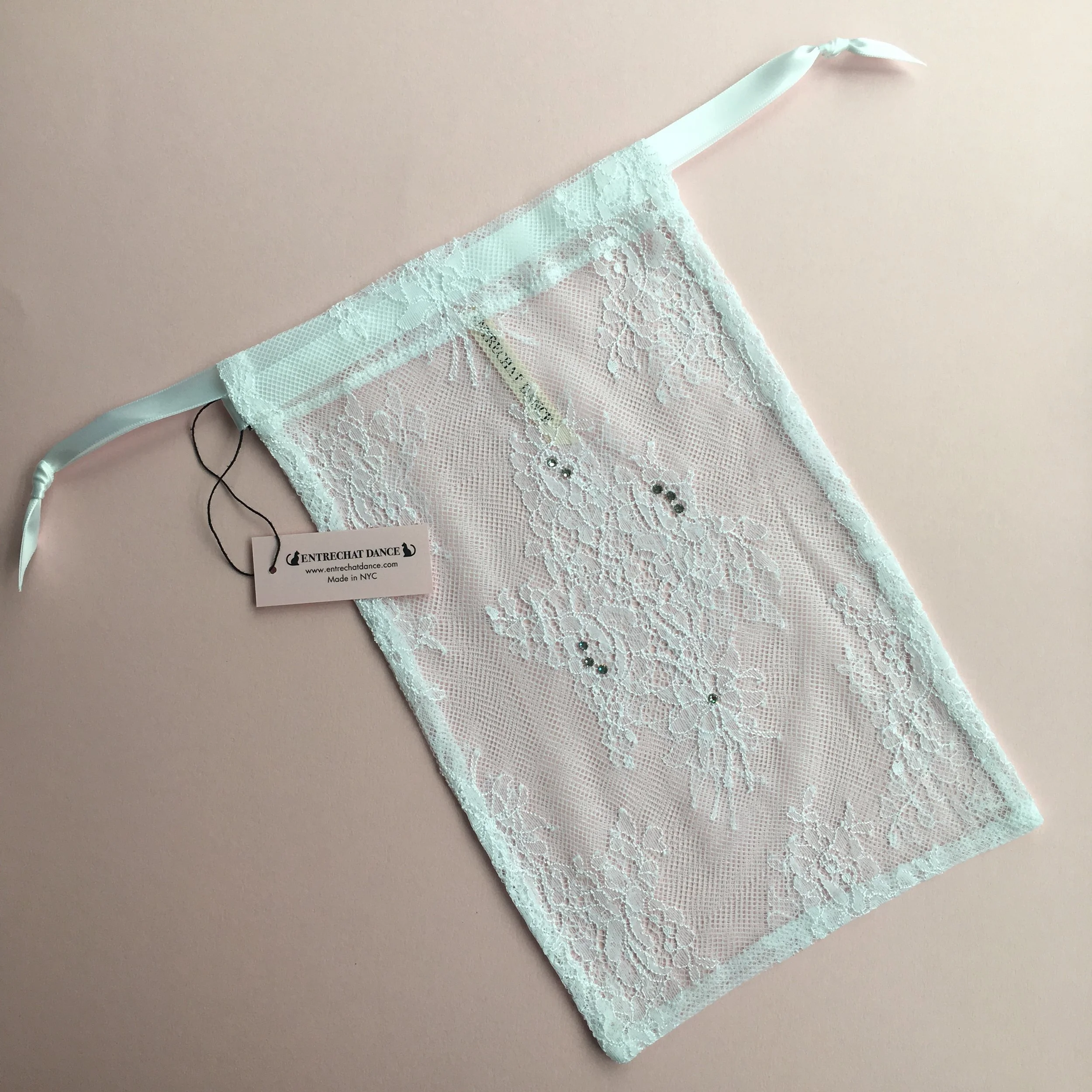 Entrechat Dance White Alexandra Lace Pointe Shoe Bag Embellished with Swarovski® Crystals.