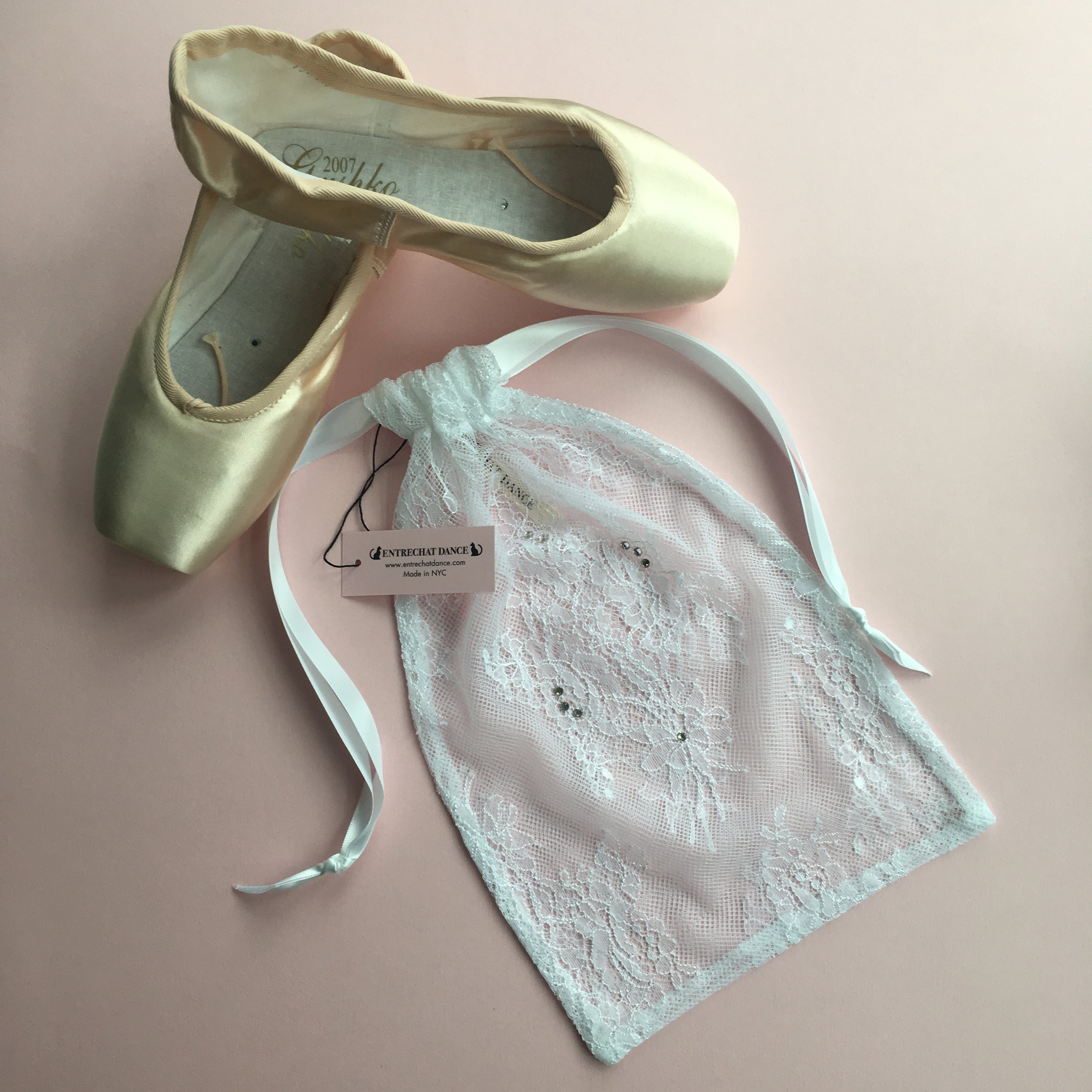 Entrechat Dance White Alexandra Lace Pointe Shoe Bag Embellished with Swarovski® Crystals.