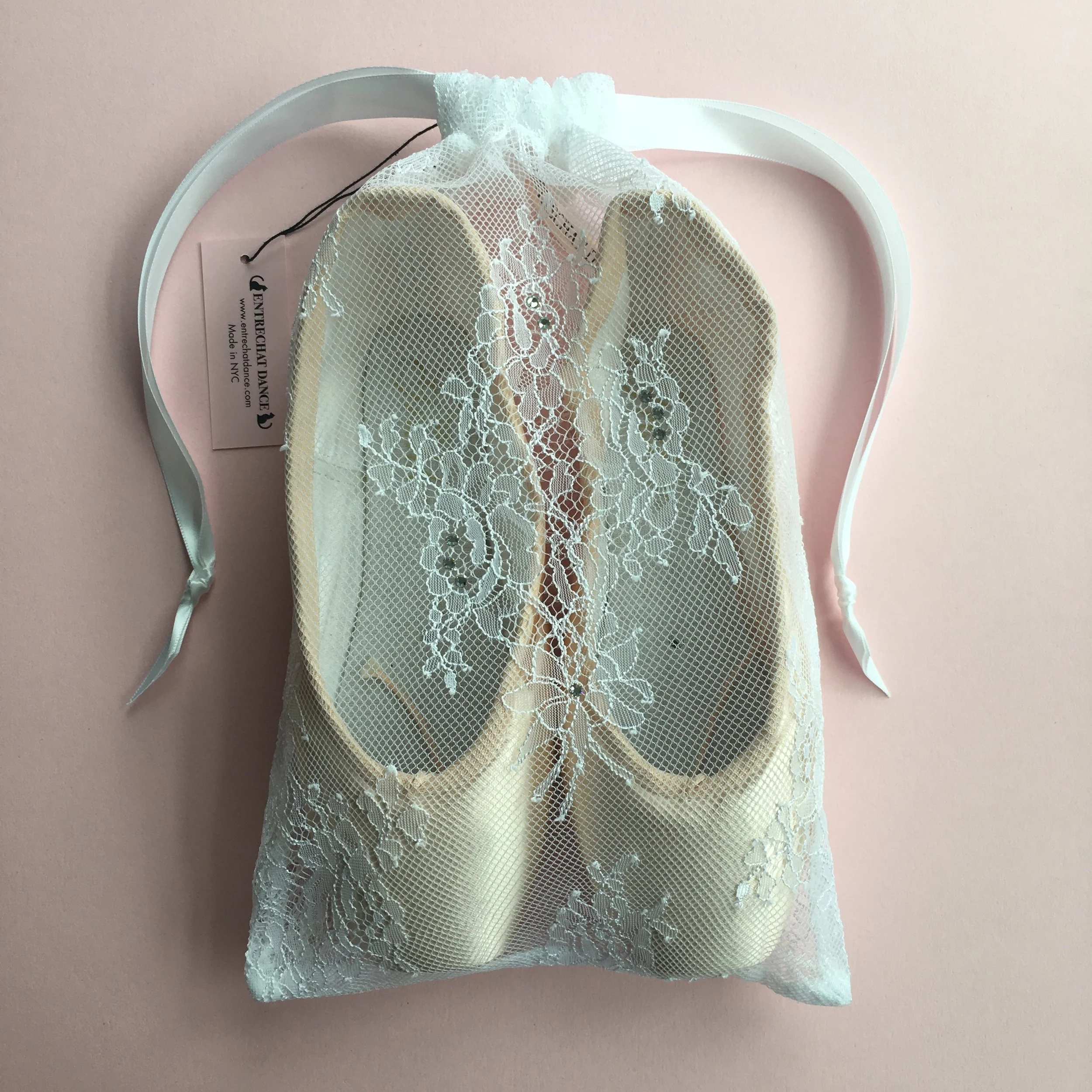 Entrechat Dance White Alexandra Lace Pointe Shoe Bag Embellished with Swarovski® Crystals.