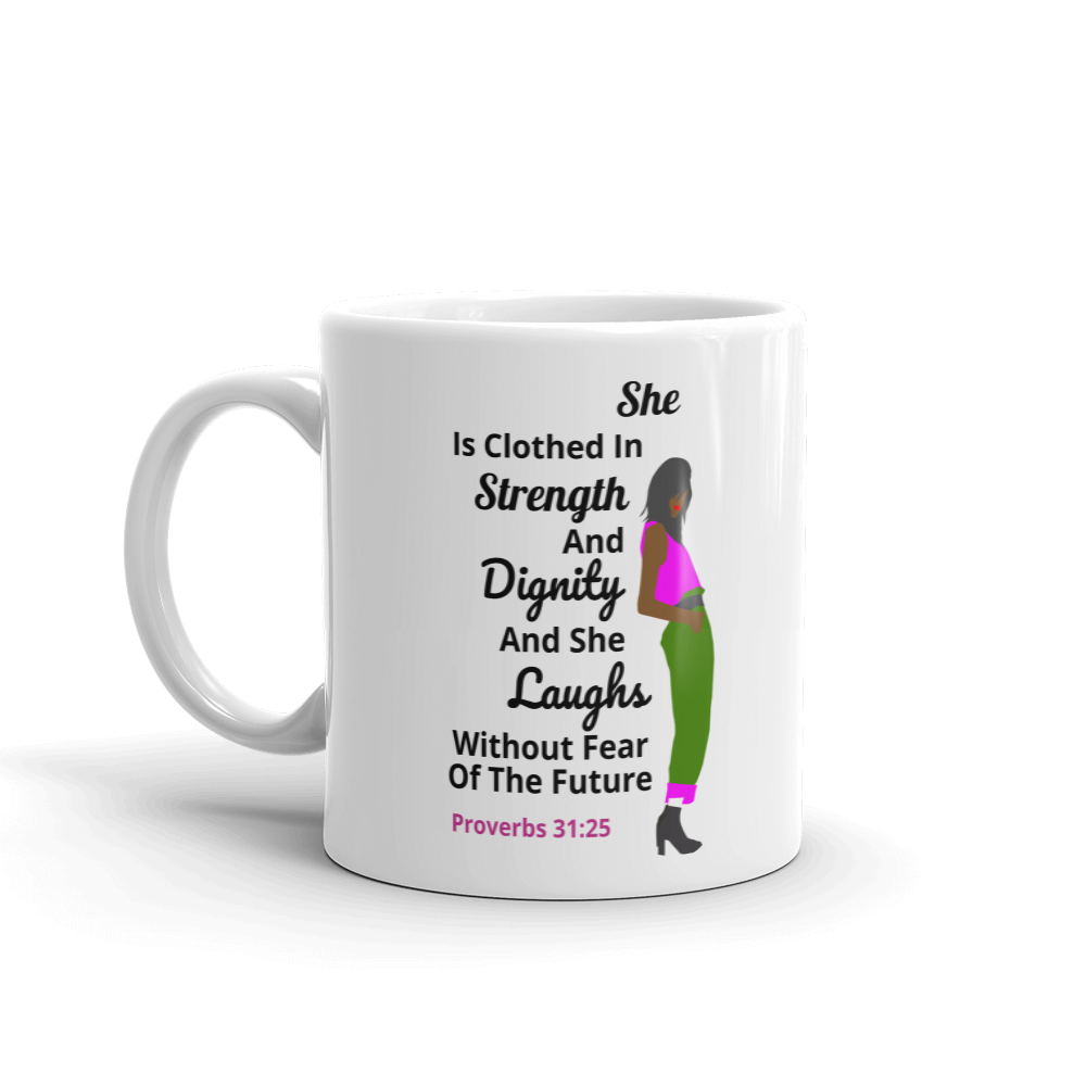 Clothed In Strength Scripture Mug