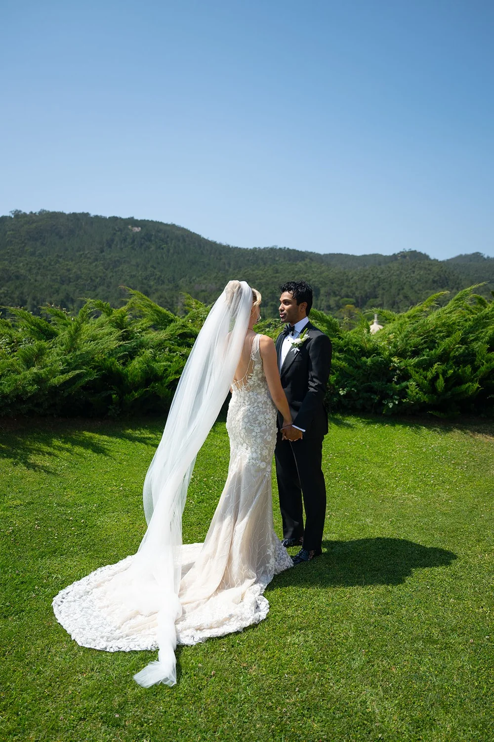 Ellen's veil trailing on the green lawn with Jacob standing in the distance and hills behind