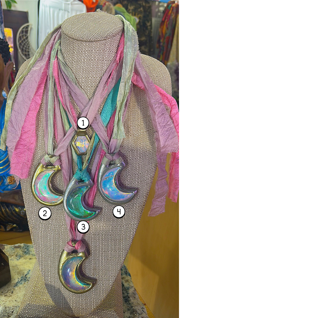 Aura Quartz Moon Necklace on Silk Ribbon (Sold Individually)