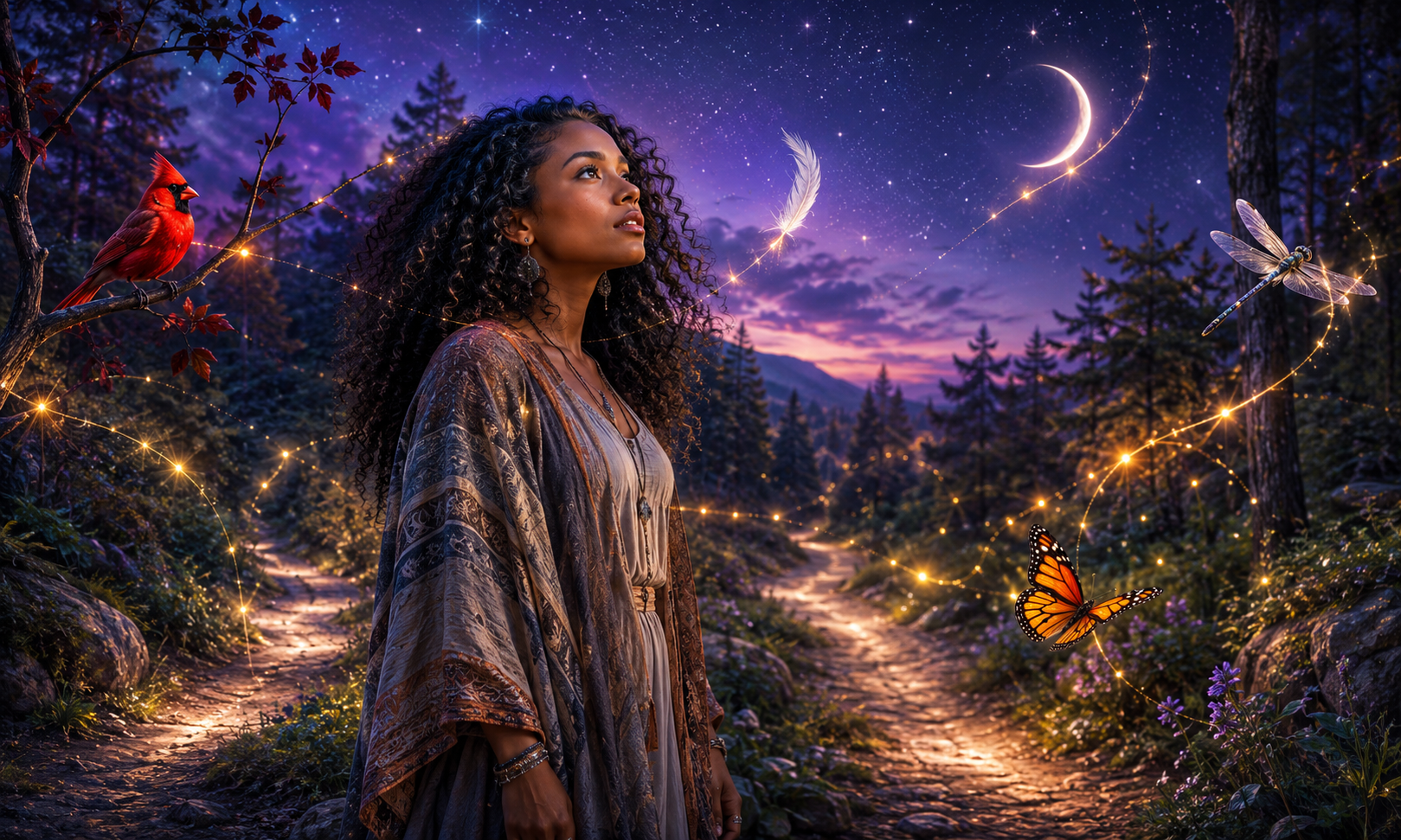 Woman at a glowing forest crossroads beneath a crescent moon, surrounded by a cardinal, butterfly, dragonfly, and white feather.