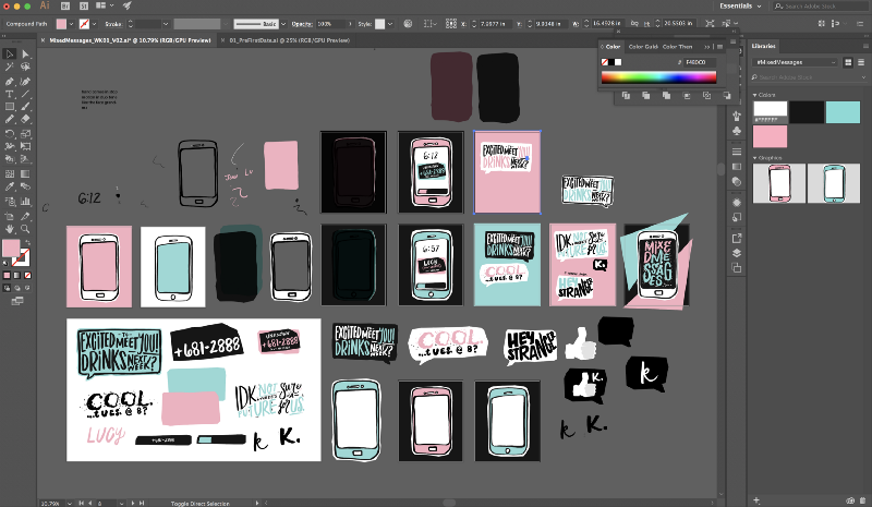 My crazy looking Illustrator file. 4-color palette, hand-drawn lettering, and choppy shapes.