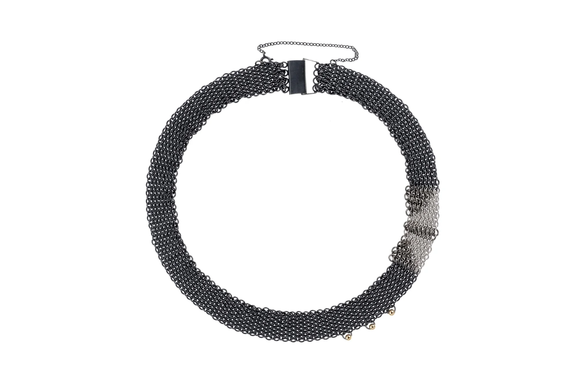 Ravens Tail Collection- oxidised silver, titanium, silver and 9ct gold, Chainmail collar necklace.