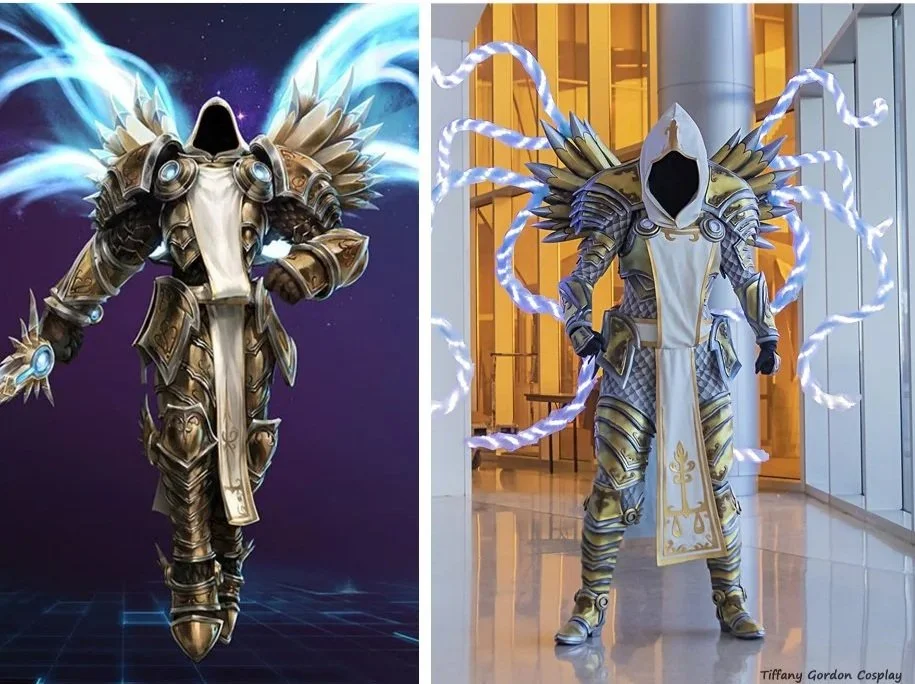 Side-by-side comparison of the Diablo character Tyrael and a real-life cosplay by Tiffany Gordon Cosplay, featuring highly accurate silver and gold armor, a white hood, and glowing blue LED tendril wings.