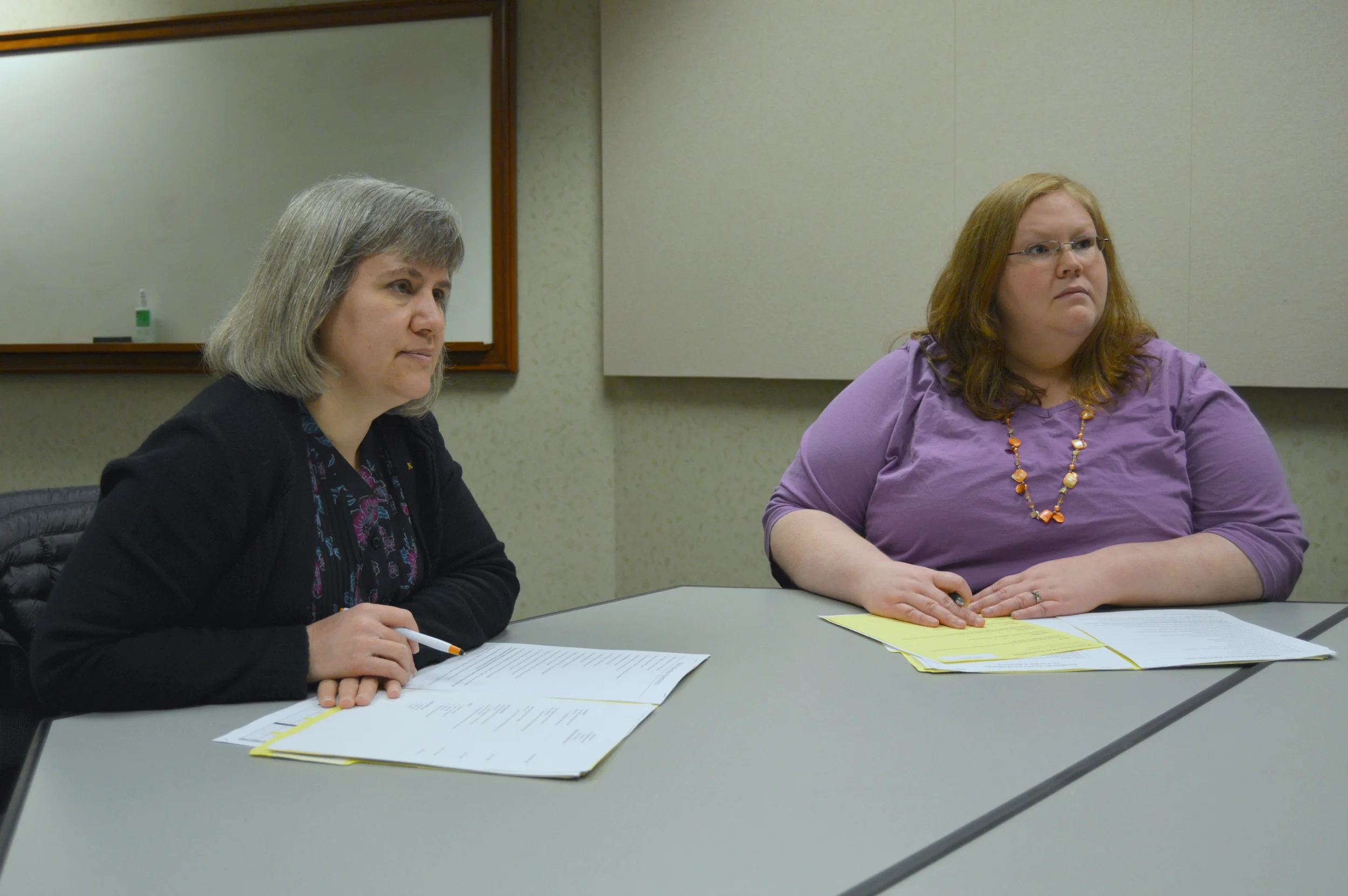 State Farm employees and program volunteers Tanya Waninger and Jen Tucker-Vinsel gave mock interviews Friday to BACC students at the State Farm Oakland Avenue Building in Bloomington. (Image credit: Breanna Grow)