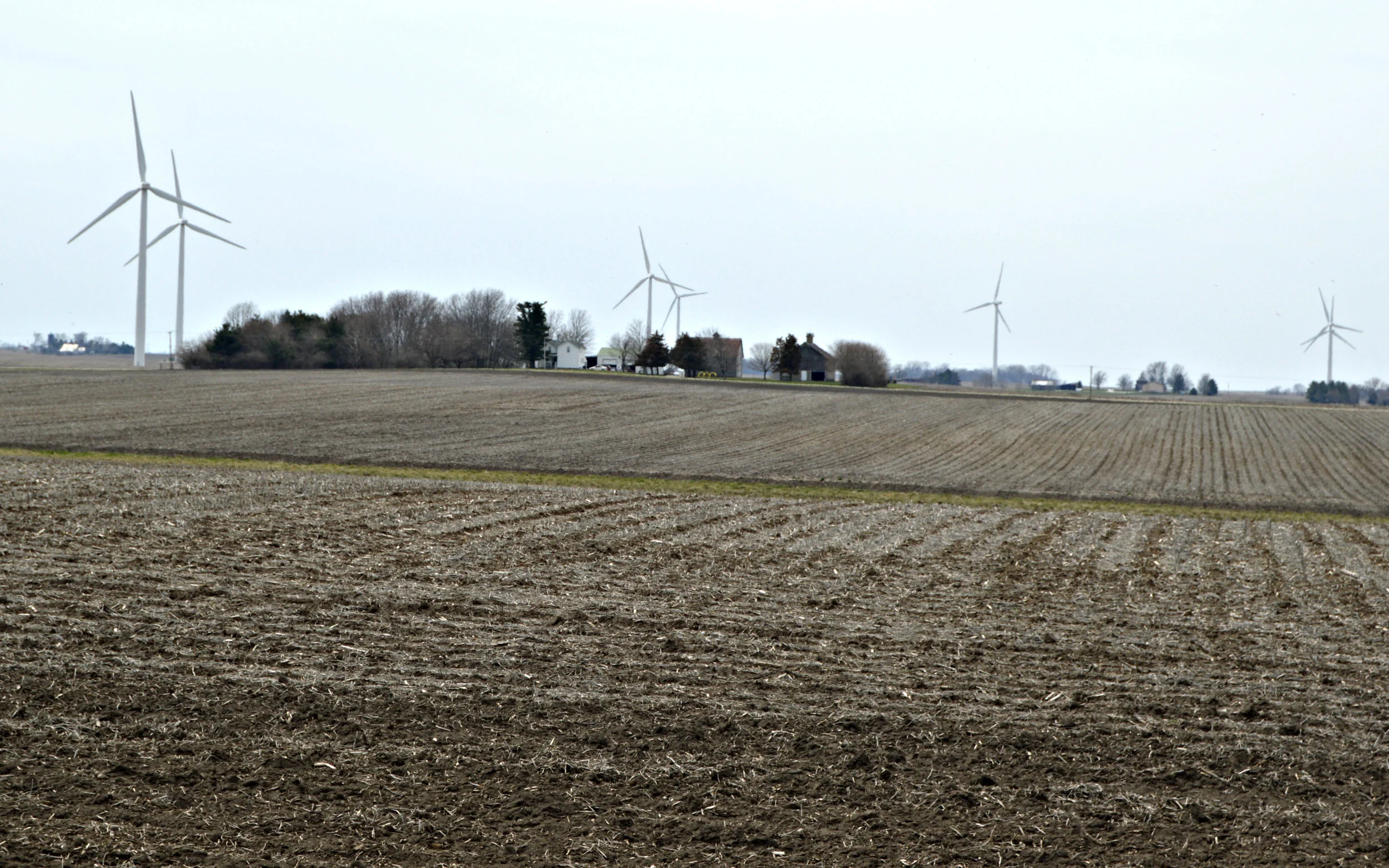 Larry Ryan's 5-acres homestead in Carlock is surrounded in every direction by wind turbines. Ryan says the turbines' effects have been strong enough to change the way he and his family use their property. (Image credit: Breanna Grow)