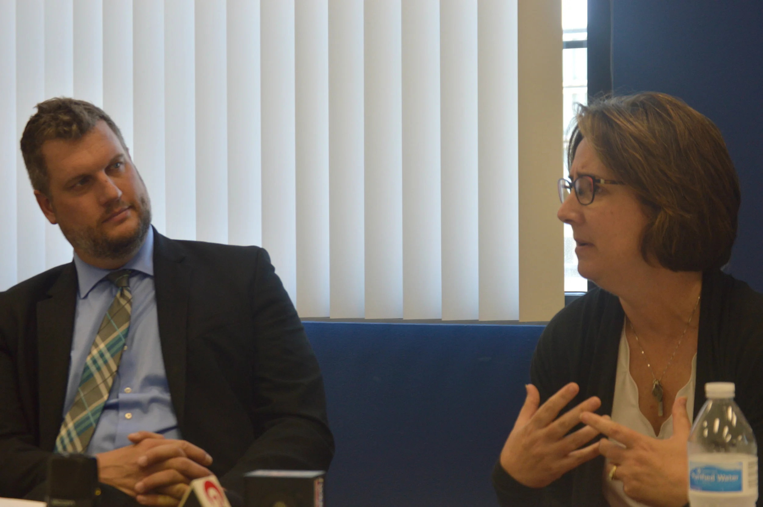 United Way of McLean County President and CEO David Taylor, left, and project consultant Kathleen Lorenz discuss new fundraising models during a press conference Wednesday at the agency's Downtown Bloomington office. (Photo: Breanna Grow/AdaptBN)