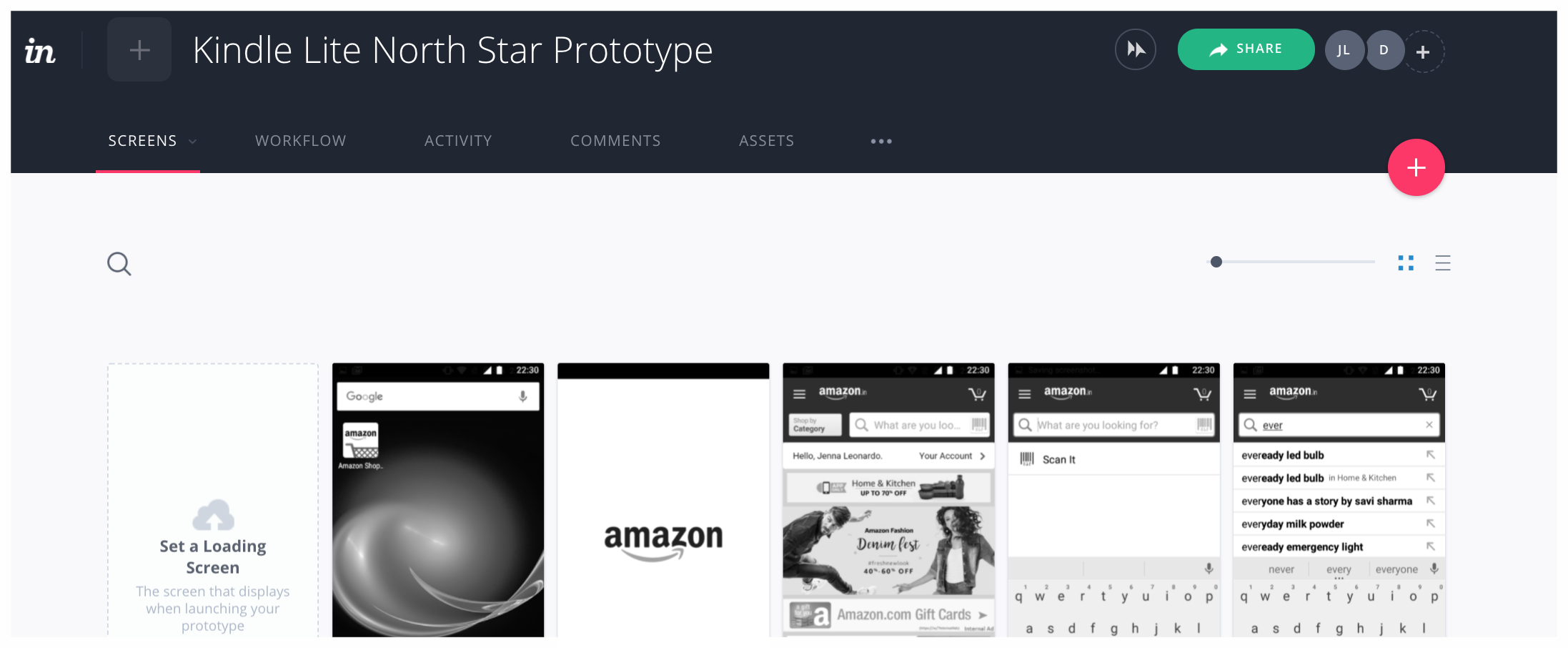 A snapshot of the very beginning of the prototype, starting with how a reader might discover Kindle Lite through existing store search.