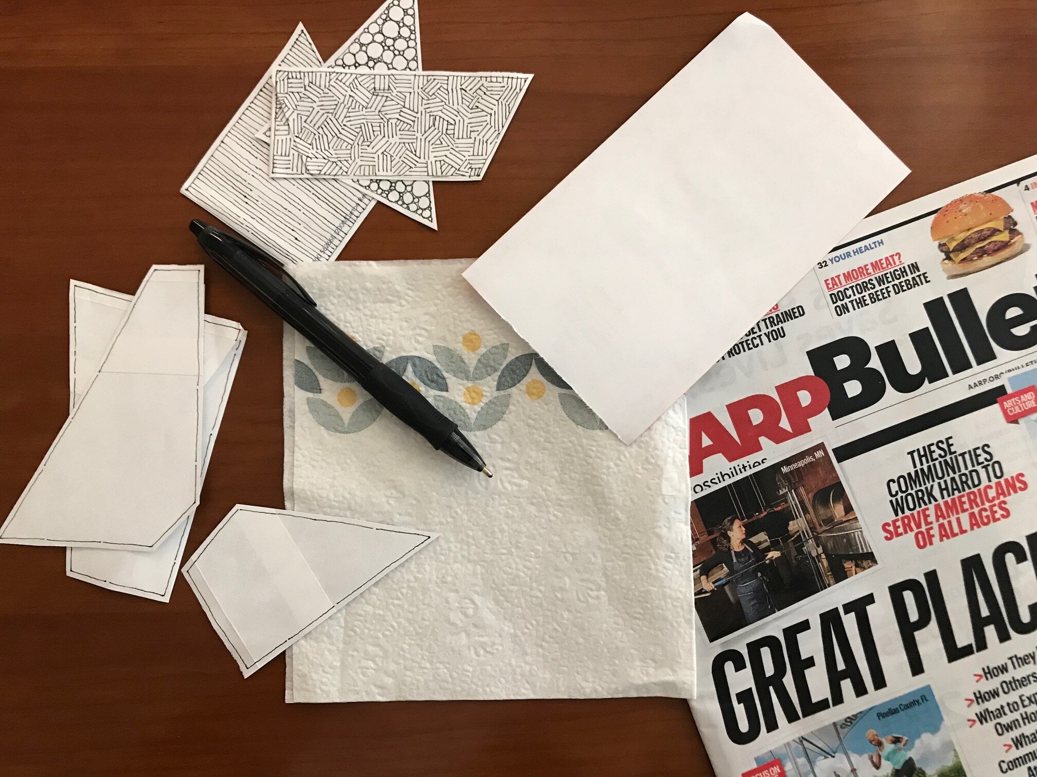  Grab another section (if you’ve run out grab another prepared envelope). Today we’ll also be using a ballpoint pen, napkin or paper towel, magazine or newspaper, and scrap paper. And yes, someone in the household is a Senior Citizen : ) 