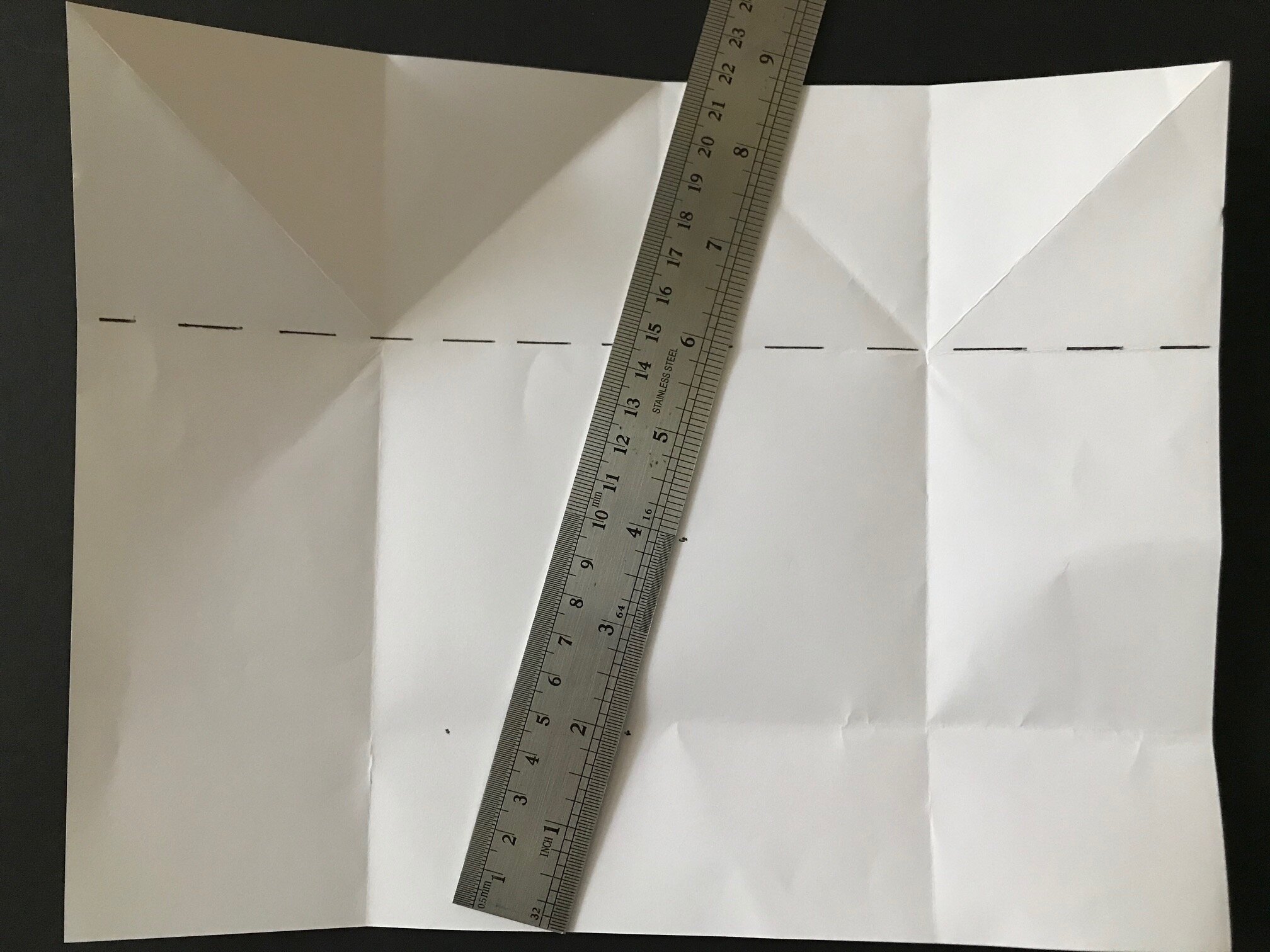  Or here, I used the 6” and marked points at 2” and 4”.  Both will work. The angle of my ruler is different but the section is still equally divided into thirds either way. 