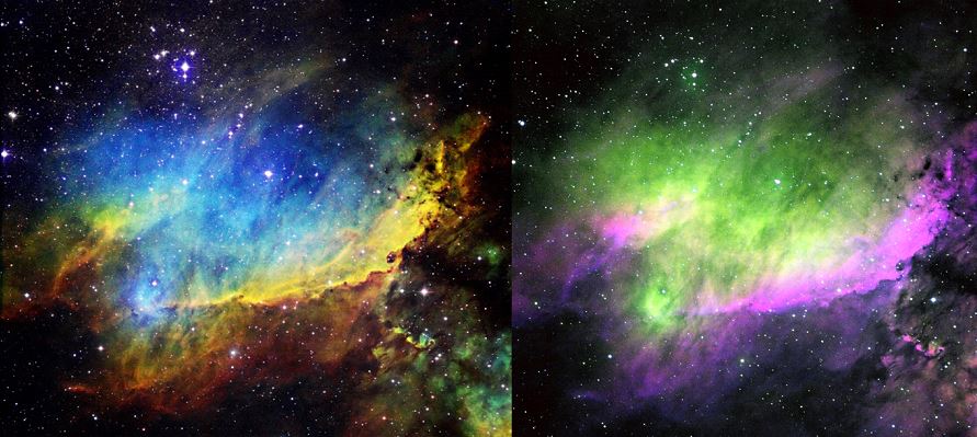 Figure 3 – The same Ha, SII, and OIII frames were combined at the same weightings in HST palette (left) and CFHT palette (right) of IC 4628, the Prawn Nebula. Note that the wavelength-ordered HST palette provides a more pleasing and structured image, particularly of the intersection of Ha and SII gradients at the convexity of the nebula. (2016 T32 image.) 