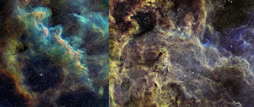 Figure 4 – Narrowband images illustrating the 3-D effect of the HST palette. Outer Eta Carina nebulae from T31 (left); widefield Cygnus nebulae from T14 (right).