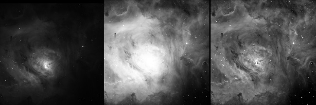 Figure 6 – Nebulae, such as M8, have a large dynamic range from the bright core (left) to the dim periphery. Stretching to visualize the latter will ”burn-out” the core (middle). Several methods are available to compress this range in order to see details of both bright and dim structures (right). (T24 Ha images)